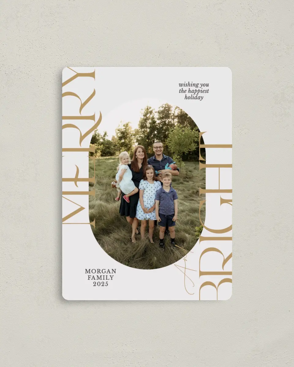 This is a 4" x 5½" Christmas Card called Bright Holiday printed in full color with a Luxe Satin finish