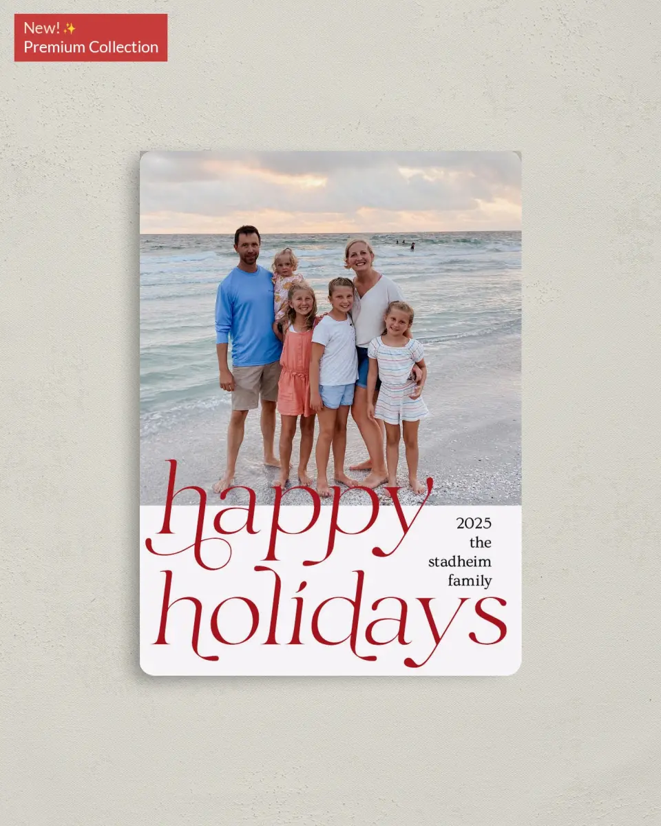 This is a 4" x 5½" Christmas Card called Holiday of Happiness printed in full color with Gold foil and a Luxe Satin finish