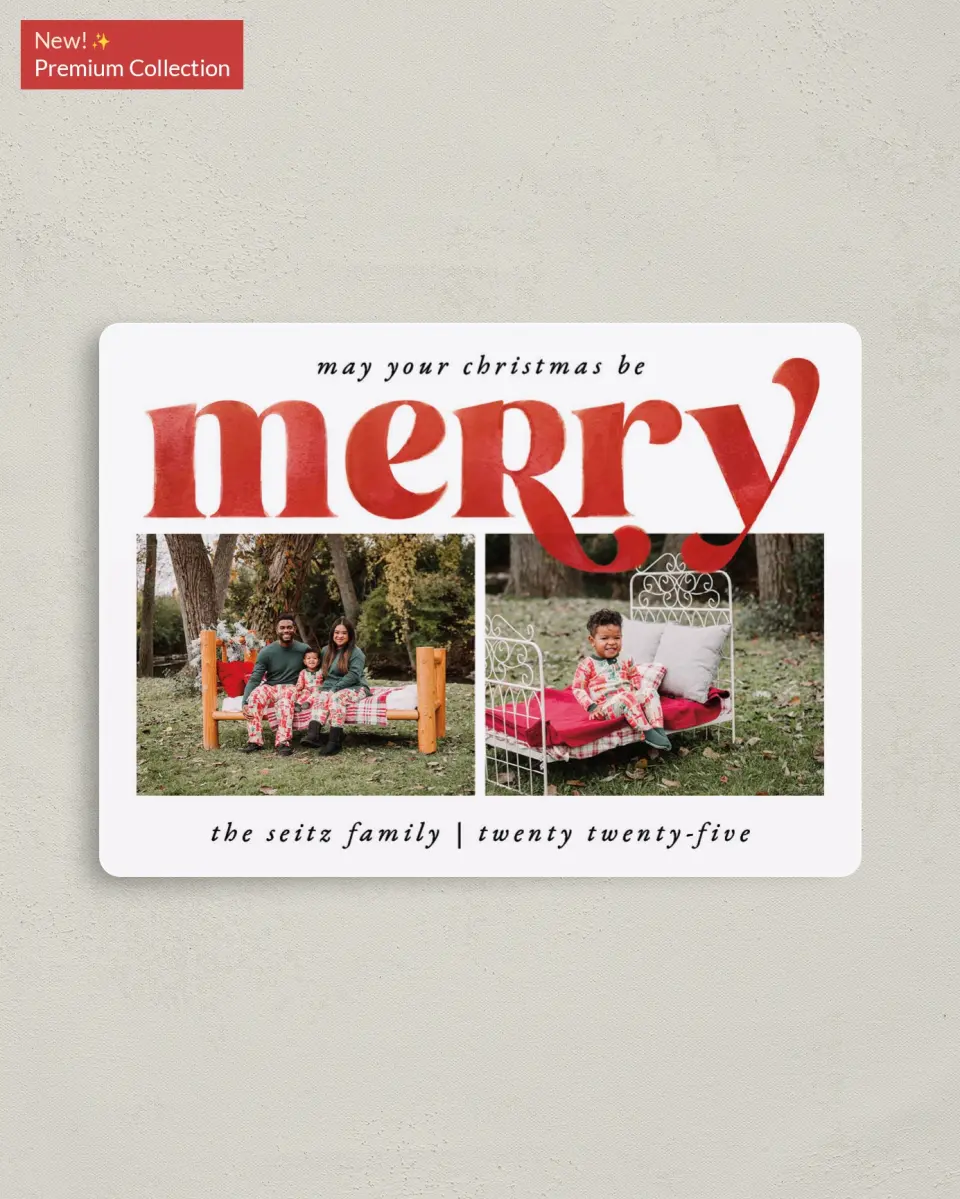 This is a 4" x 5½" Christmas Card called May You Be Merry printed in full color with Gold foil and a Luxe Satin finish