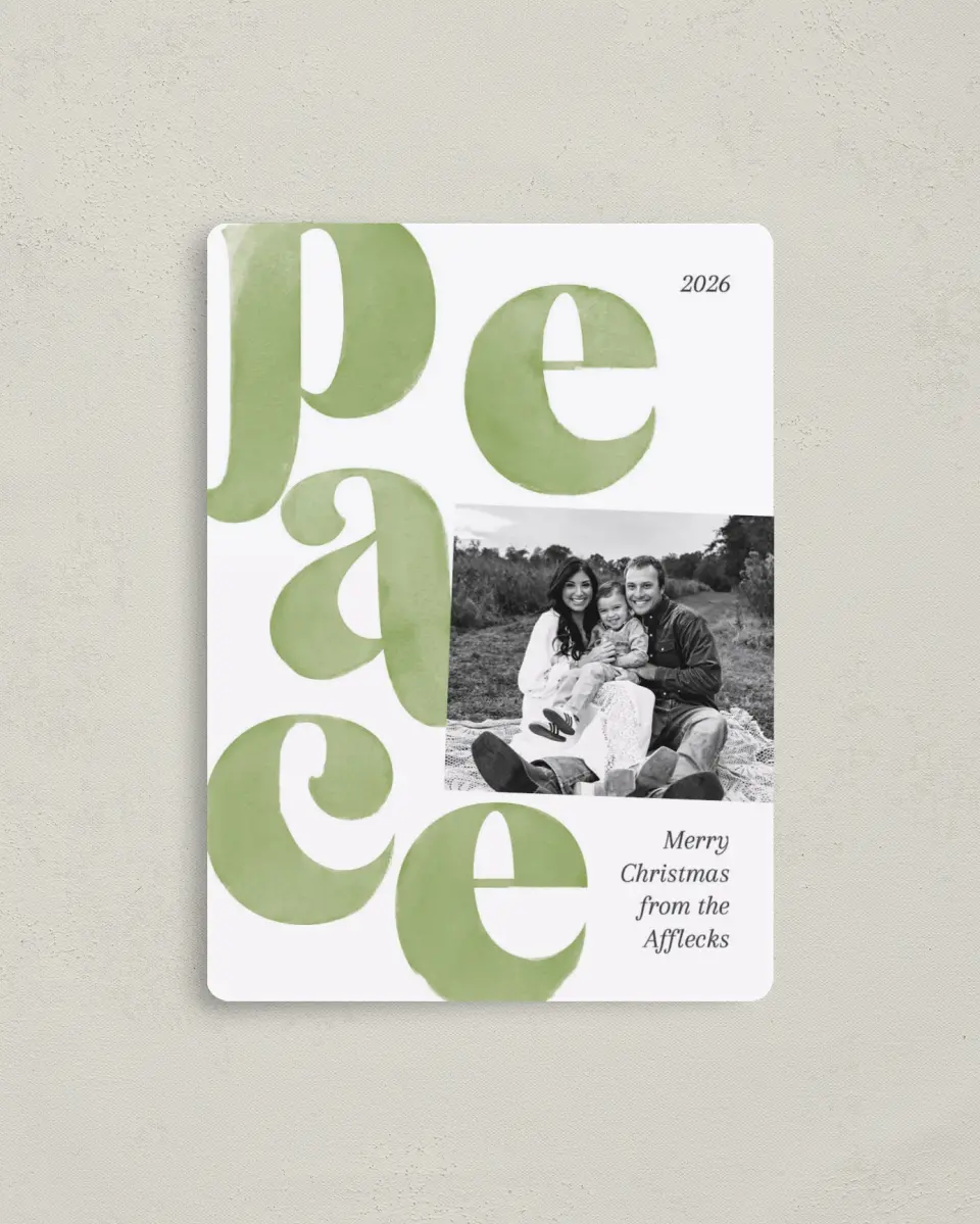 This is a 4" x 5½" Christmas Card called Perfect Peace printed in full color with Rose Gold foil and a Luxe Satin finish