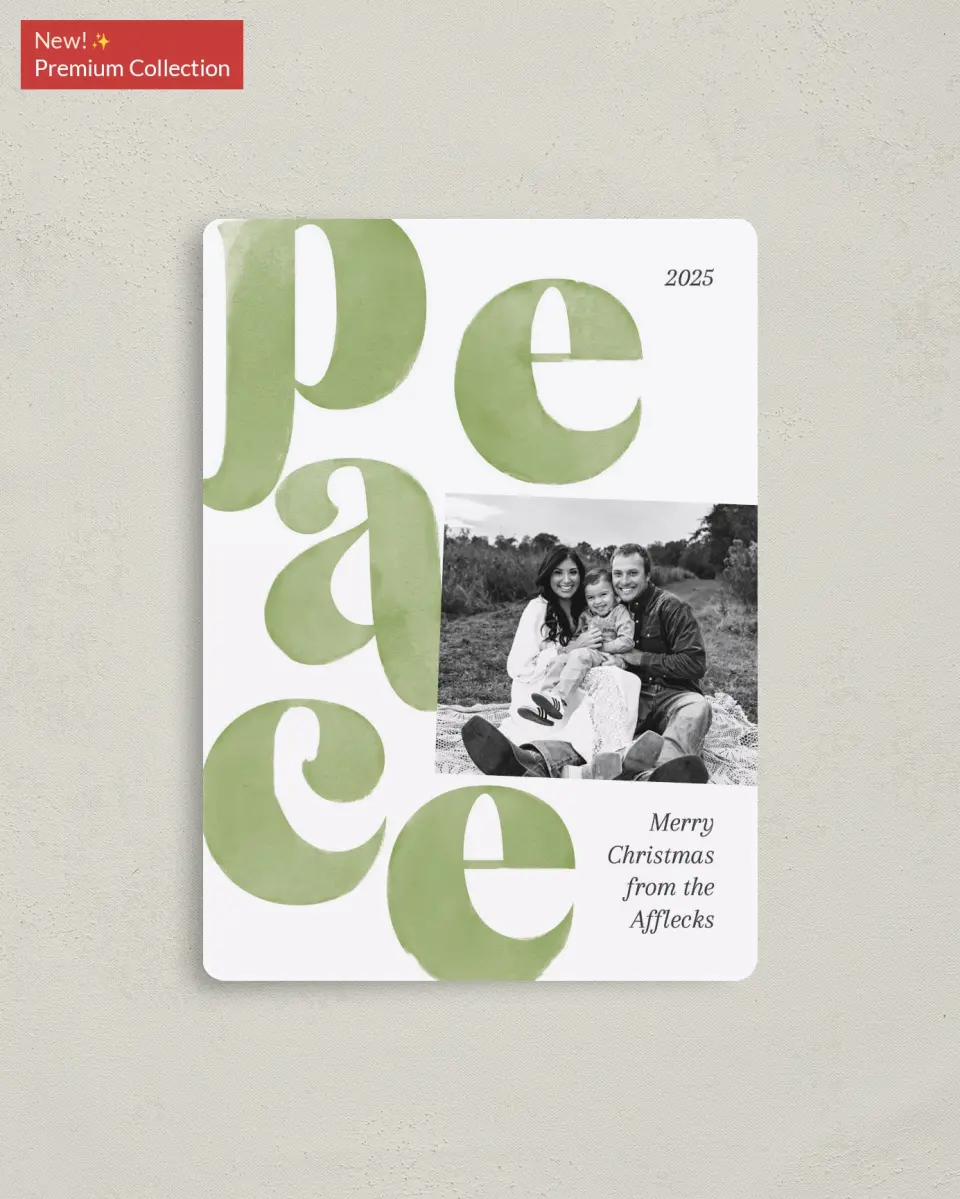 This is a 4" x 5½" Christmas Card called Perfect Peace printed in full color with Gold foil and a Luxe Satin finish