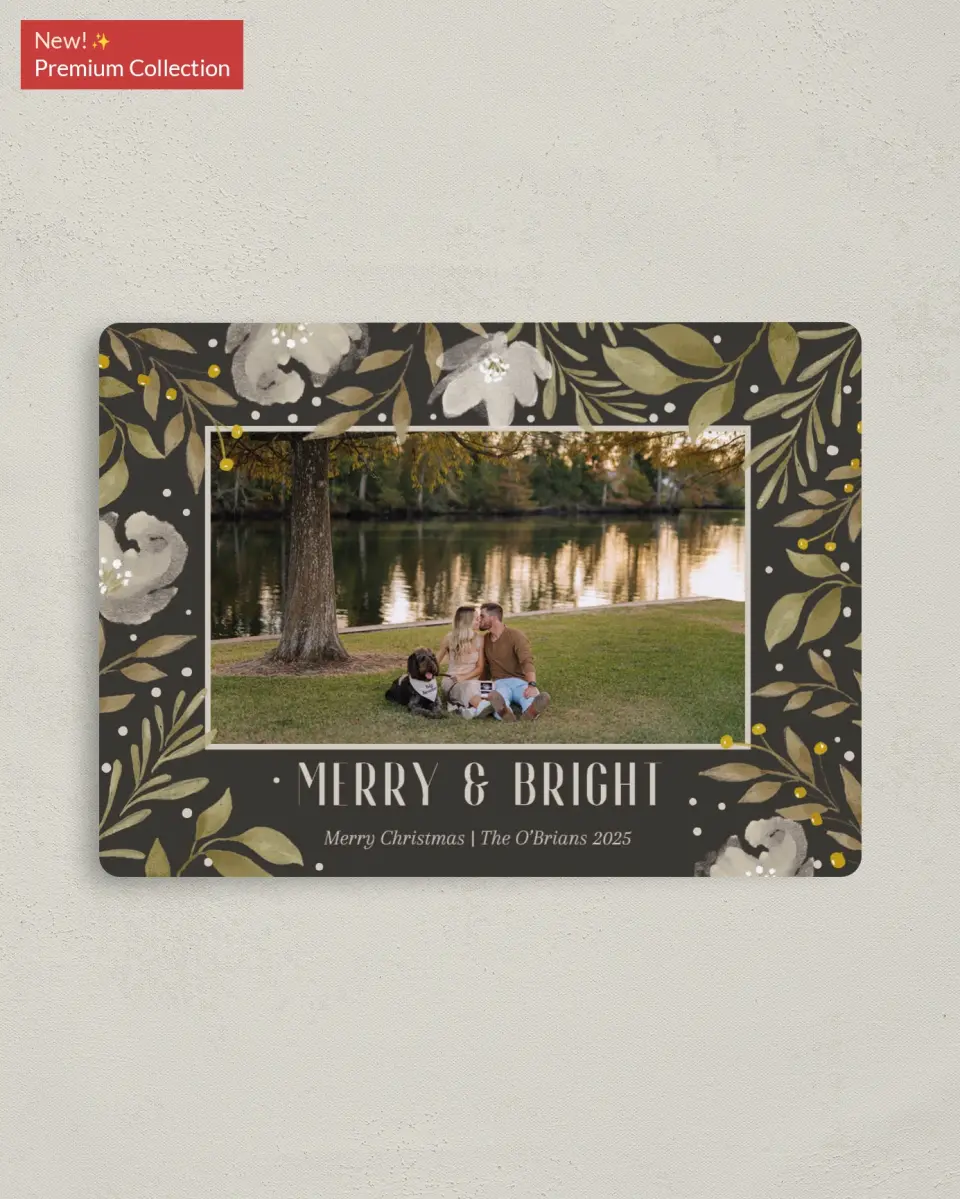 This is a 4" x 5½" Christmas Card called Frosted Blooms printed in full color with Silver foil and a Luxe Satin finish
