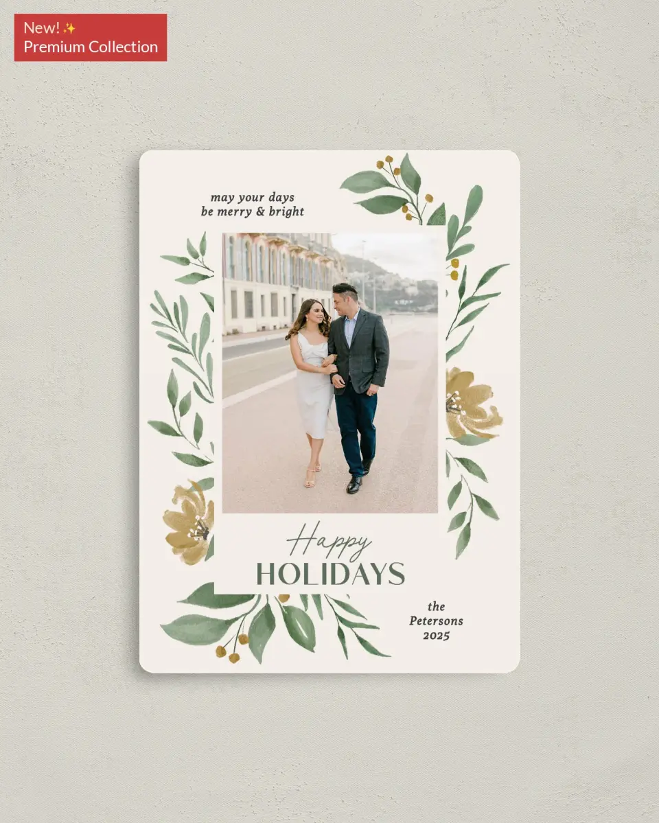 This is a 4" x 5½" Christmas Card called Merry Botanicals printed in full color with Silver foil and a Luxe Satin finish