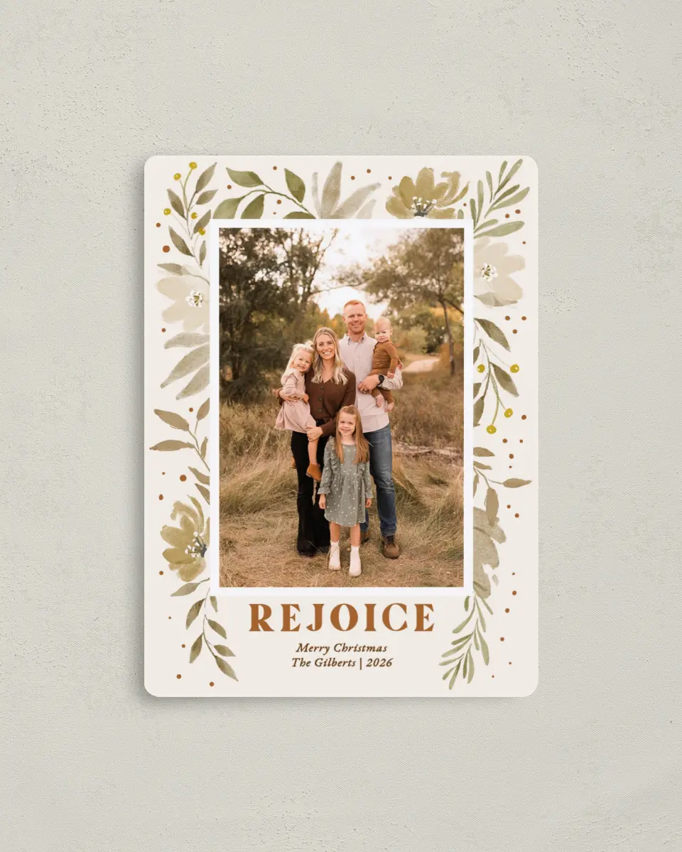 This is a 4" x 5½" Christmas Card called Bouquets of Rejoicing printed in full color with Rose Gold foil and a Luxe Satin finish