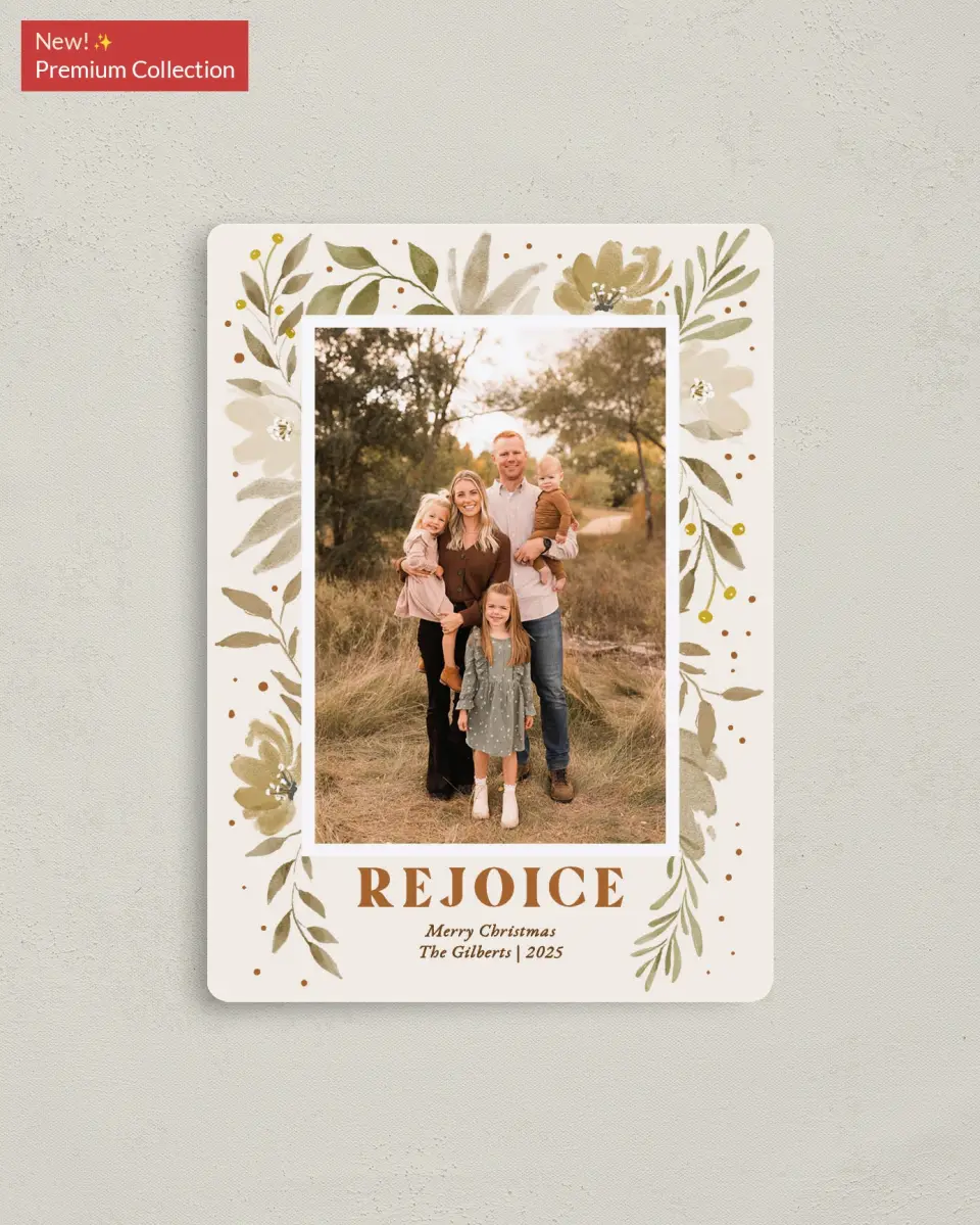 This is a 4" x 5½" Christmas Card called Bouquets of Rejoicing printed in full color with Silver foil and a Luxe Satin finish