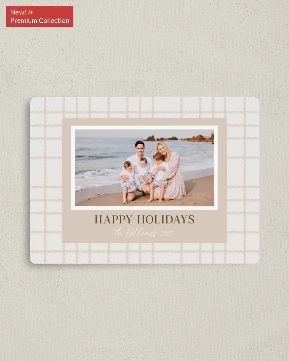 This is a 4" x 5½" Christmas Card called Dainty Plaid printed in full color with Gold foil and a Luxe Satin finish