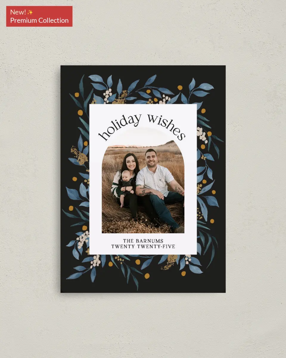 This is a 4" x 5½" Christmas Card called Evergreen Holiday printed in full color with Silver foil and a Luxe Satin finish