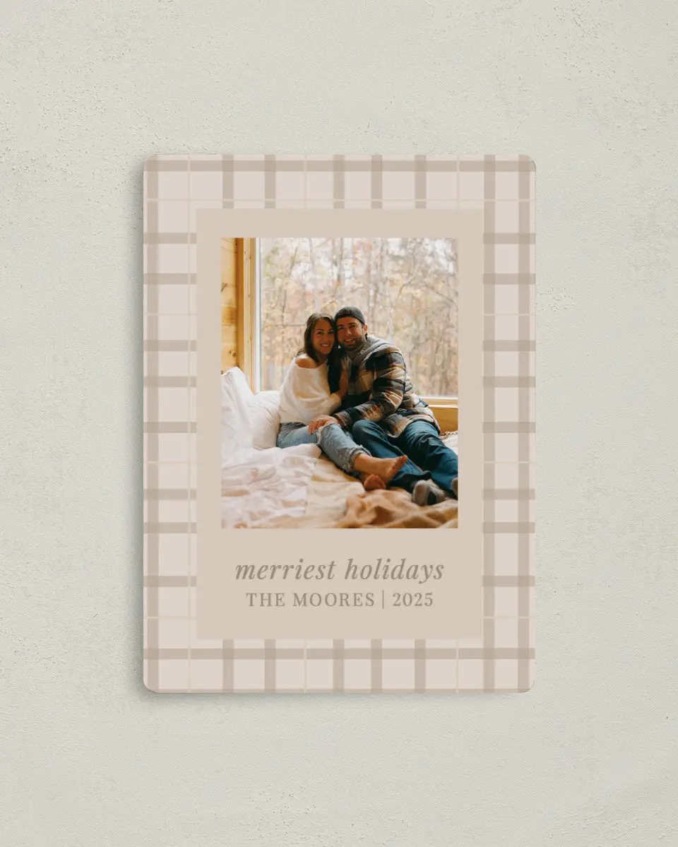 This is a 4" x 5½" Christmas Card called Pretty in Plaid printed in full color with a Luxe Satin finish