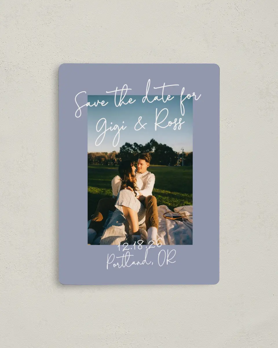 This is a 4" x 5½" Save the Date Magnet called Yours Truly printed in full color with a Luxe Satin finish