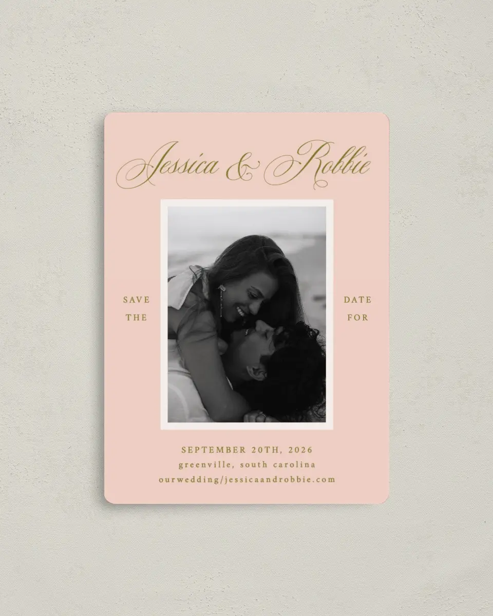 This is a 4" x 5½" Save the Date Magnet called Love Off Script printed in full color with a Luxe Satin finish