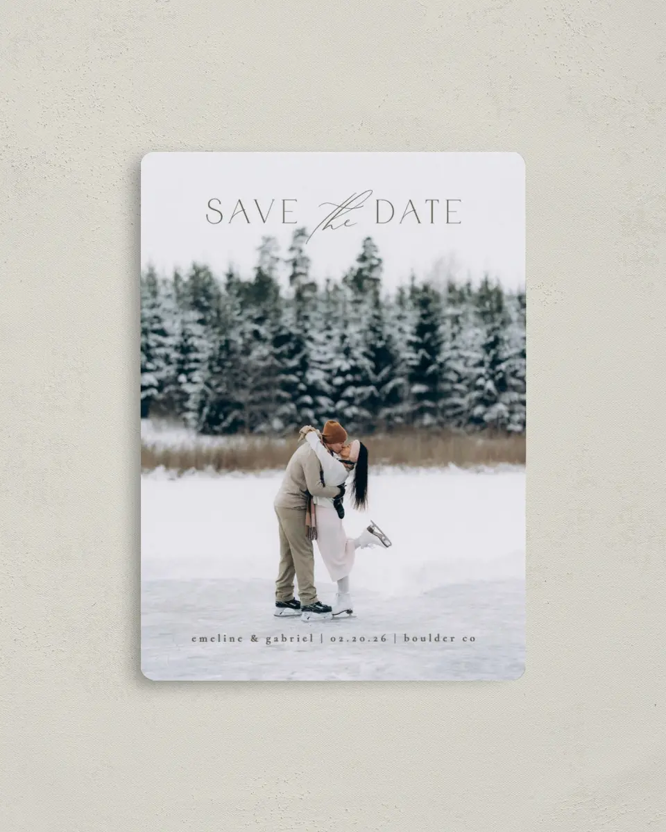 This is a 4" x 5½" Save the Date Magnet called Gliding Love printed in full color with a Luxe Satin finish