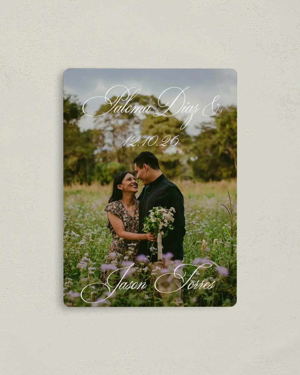This is a 4" x 5½" Save the Date Magnet called Bespoke Love printed in full color with a Luxe Satin finish