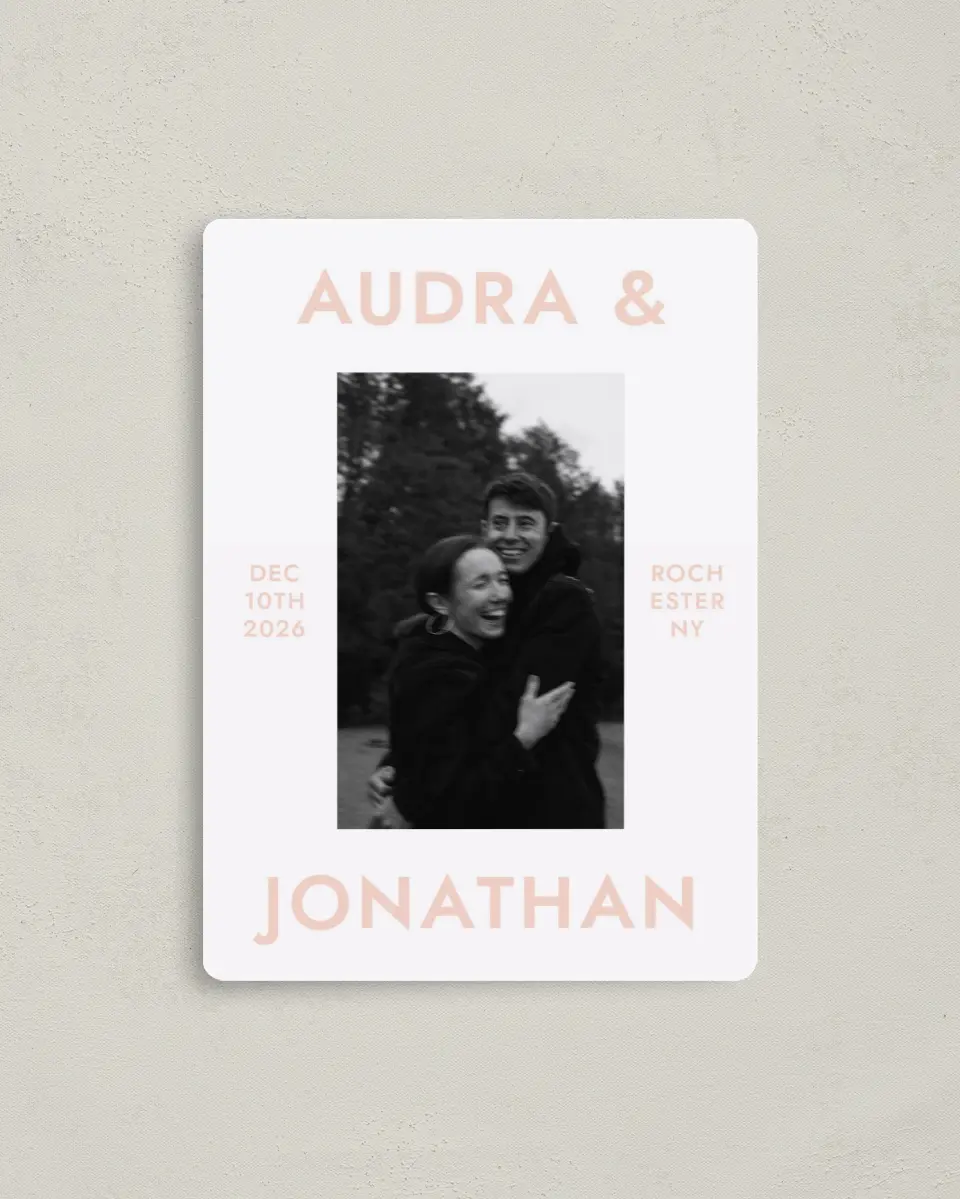 This is a 4" x 5½" Save the Date Magnet called You & Me printed in full color with a Luxe Satin finish