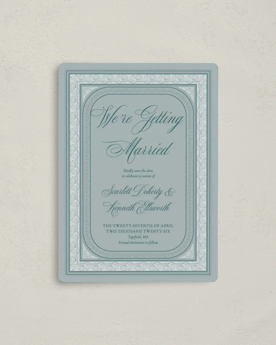 This is a 4" x 5½" Save the Date Magnet called Delicate Vintage printed in full color with a Luxe Satin finish
