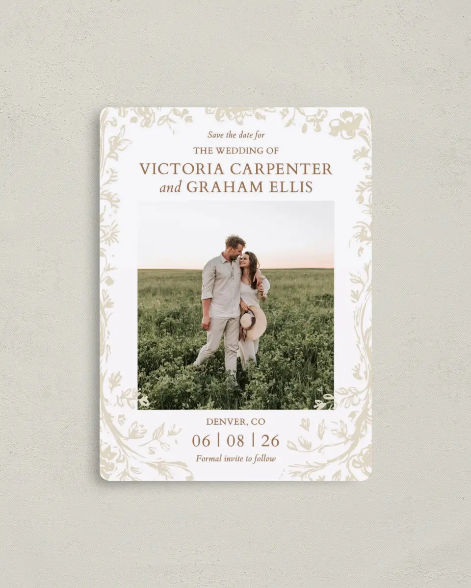 This is a 4" x 5½" Save the Date Magnet called Soft Branchlets printed in full color with a Luxe Satin finish