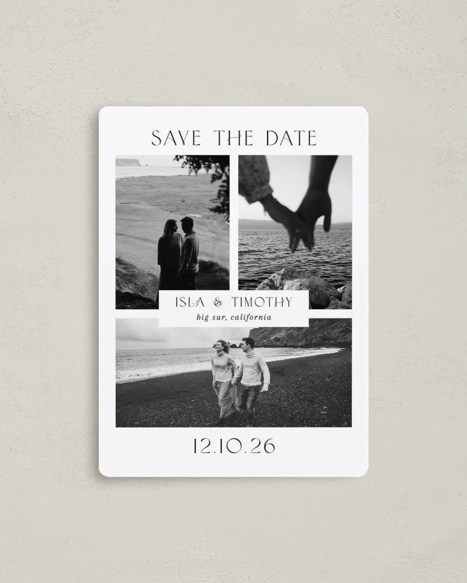 This is a 4" x 5½" Save the Date Magnet called Hearts Content printed in full color with a Luxe Satin finish