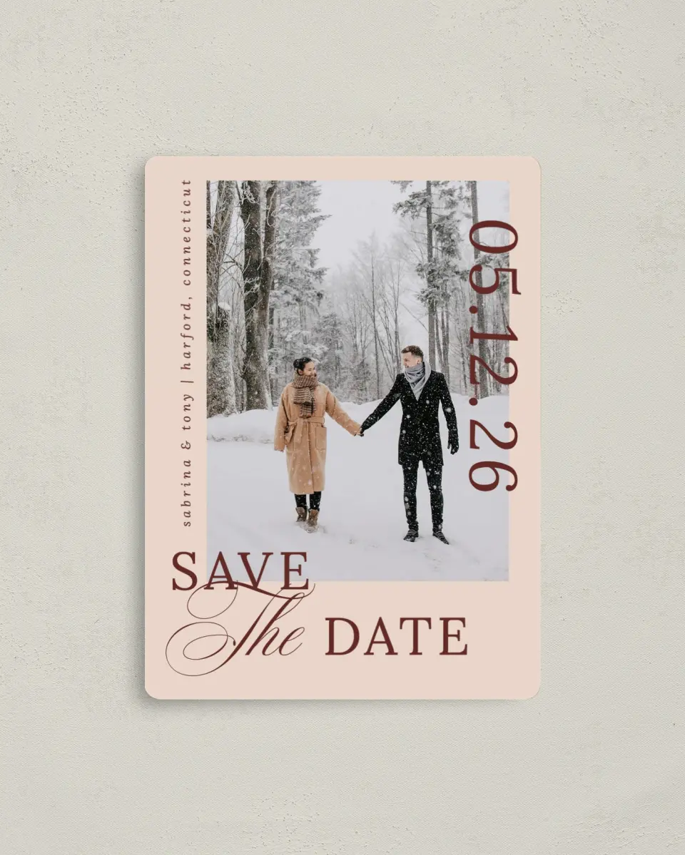 This is a 4" x 5½" Save the Date Magnet called Connected Hearts printed in full color with a Luxe Satin finish
