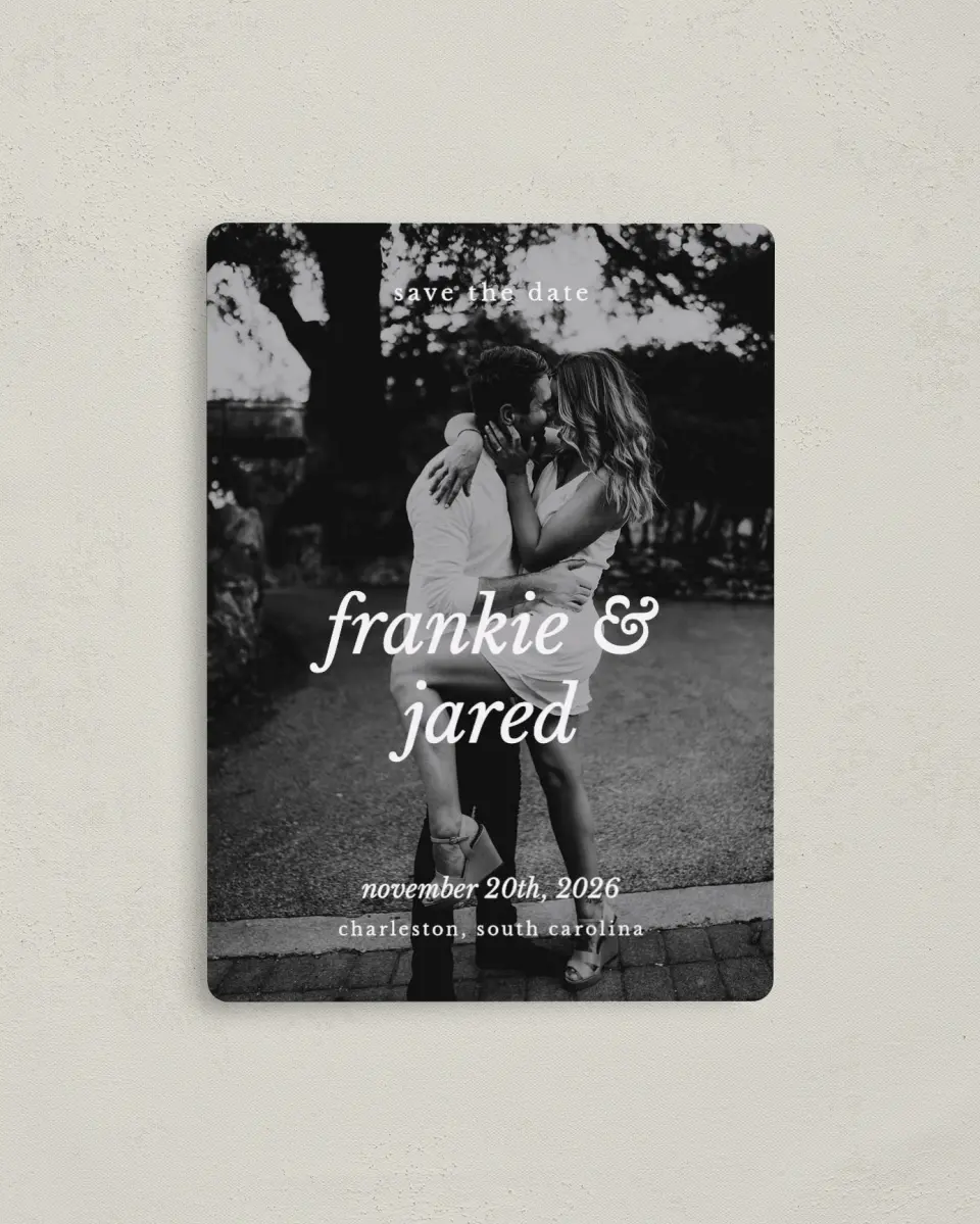 This is a 4" x 5½" Save the Date Magnet called Lifelong Duo printed in full color with a Luxe Satin finish