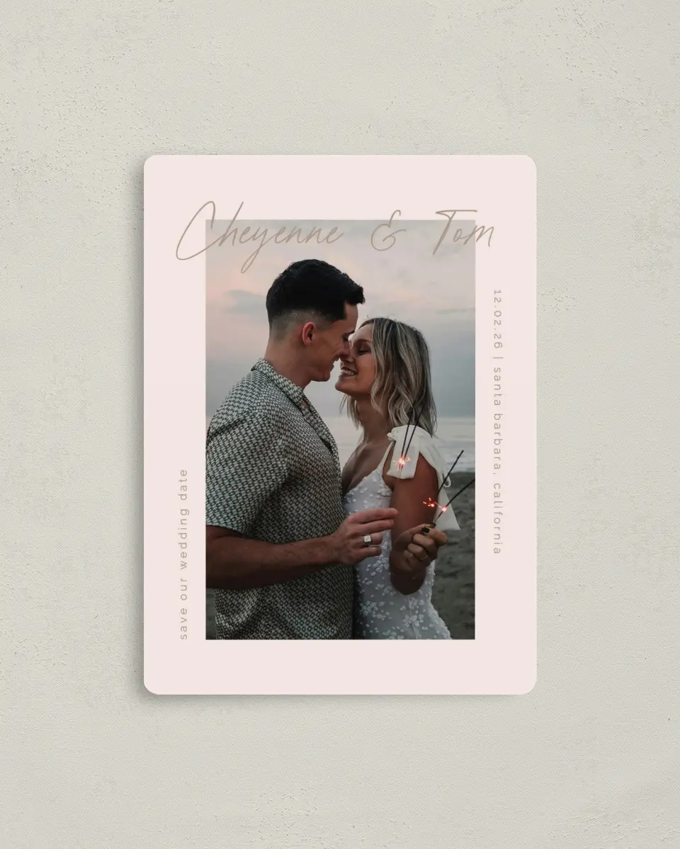 This is a 4" x 5½" Save the Date Magnet called Sparks Flying printed in full color with a Luxe Satin finish