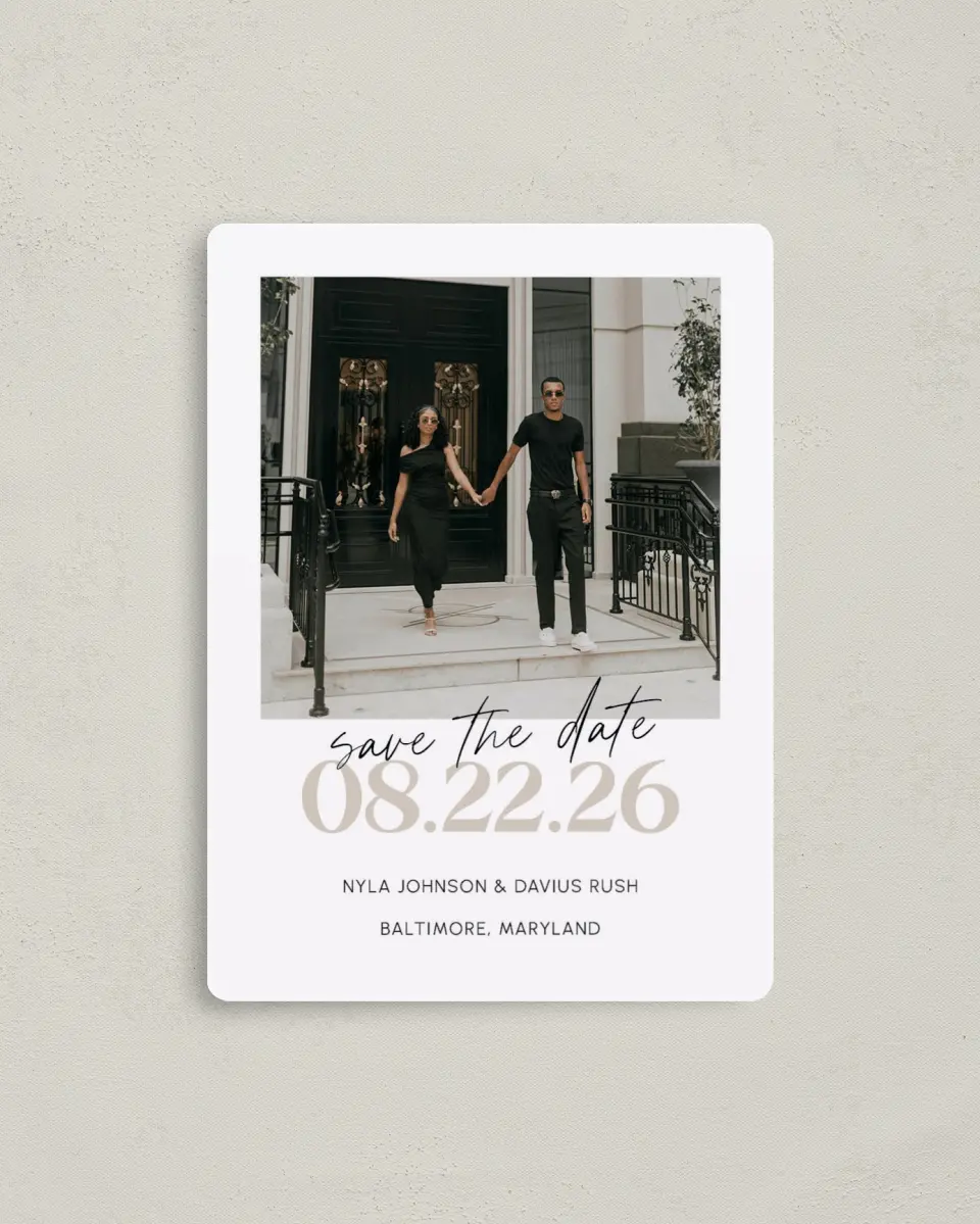 This is a 4" x 5½" Save the Date Magnet called Bound By Love printed in full color with a Luxe Satin finish