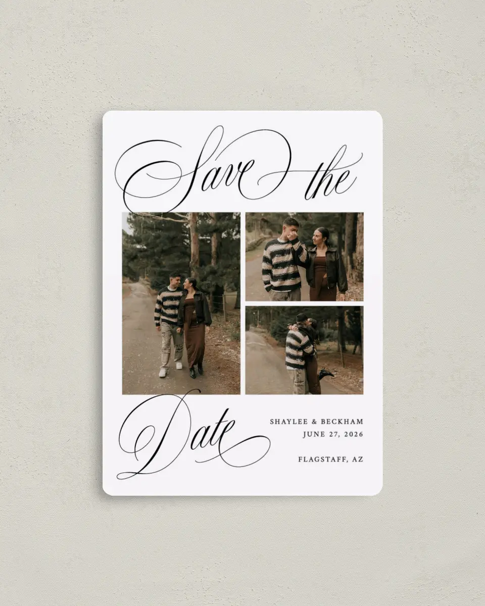 This is a 4" x 5½" Save the Date Magnet called Scripted Elegance printed in full color with a Luxe Satin finish