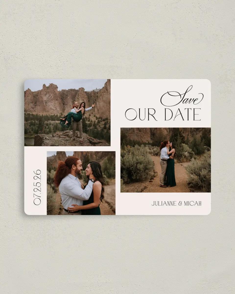 This is a 4" x 5½" Save the Date Magnet called Our Love printed in full color with a Luxe Satin finish