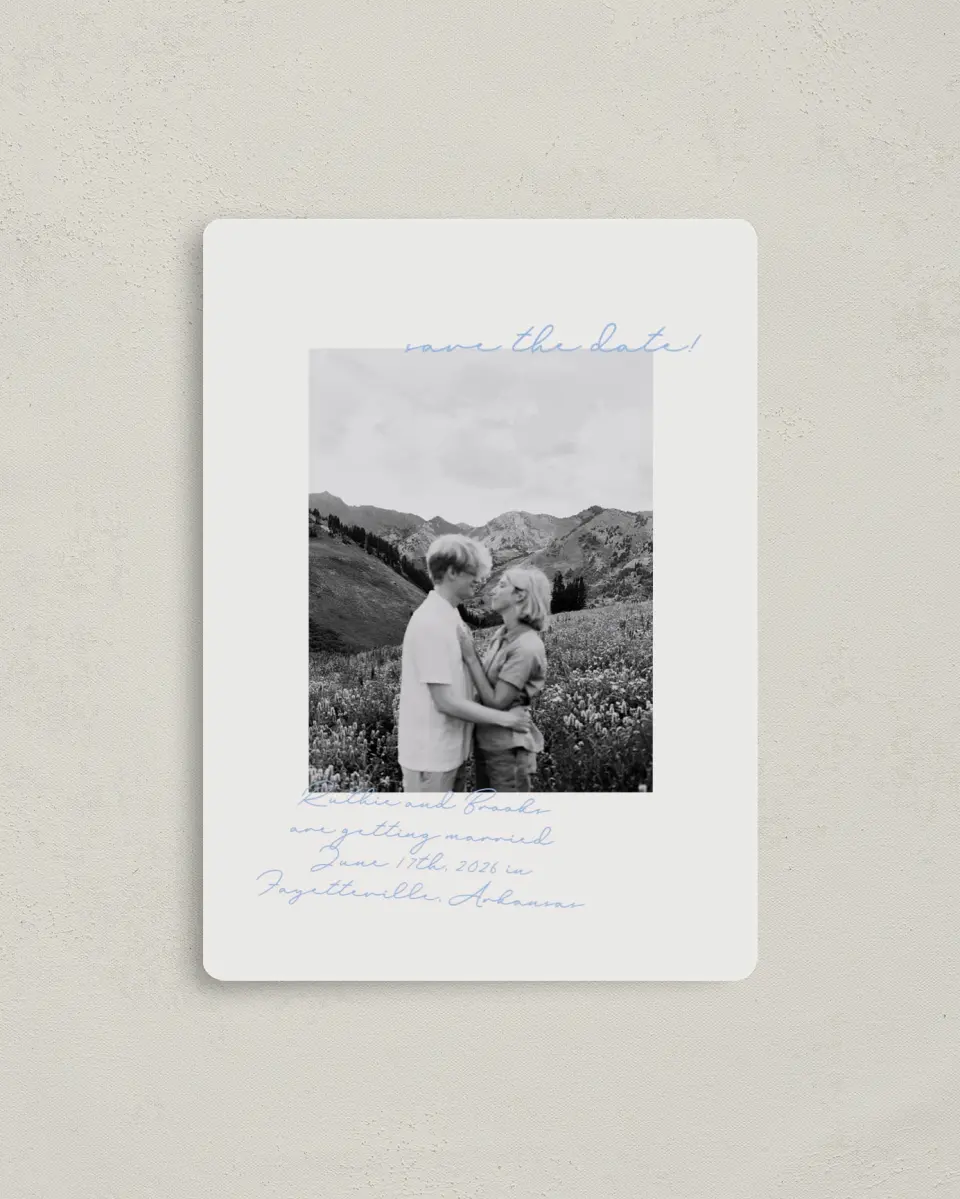This is a 4" x 5½" Save the Date Magnet called Scripted Bliss printed in full color with a Luxe Satin finish