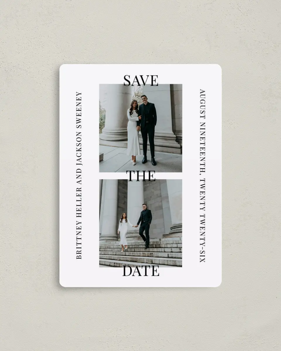 This is a 4" x 5½" Save the Date Magnet called Bold Proclamation printed in full color with a Luxe Satin finish