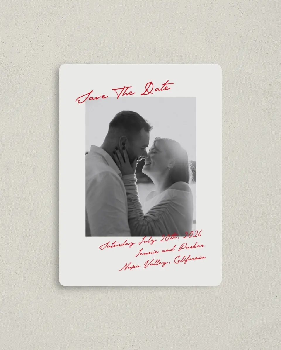 This is a 4" x 5½" Save the Date Magnet called With All Our Love printed in full color with a Luxe Satin finish
