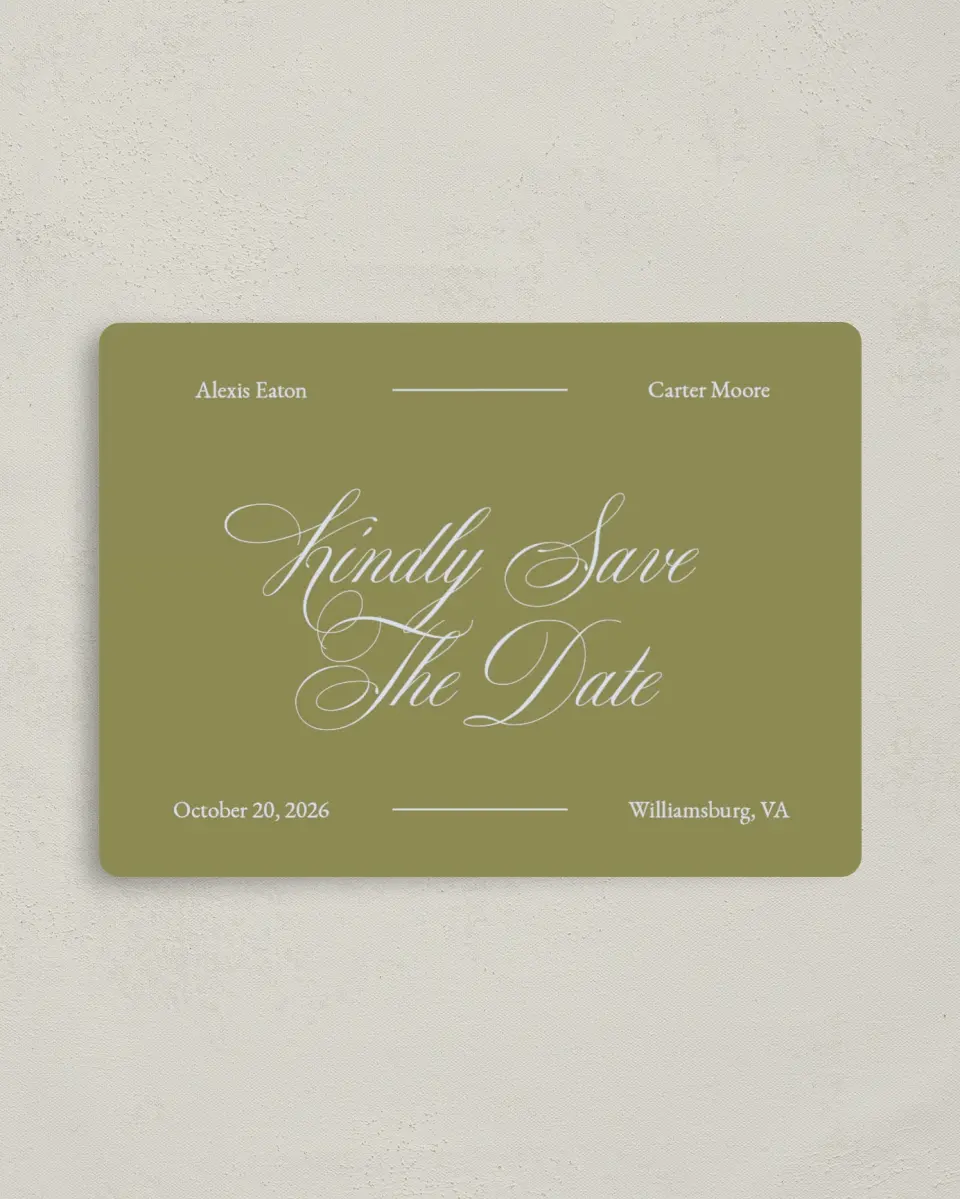This is a 4" x 5½" Save the Date Magnet called Signature Vows printed in full color with a Luxe Satin finish