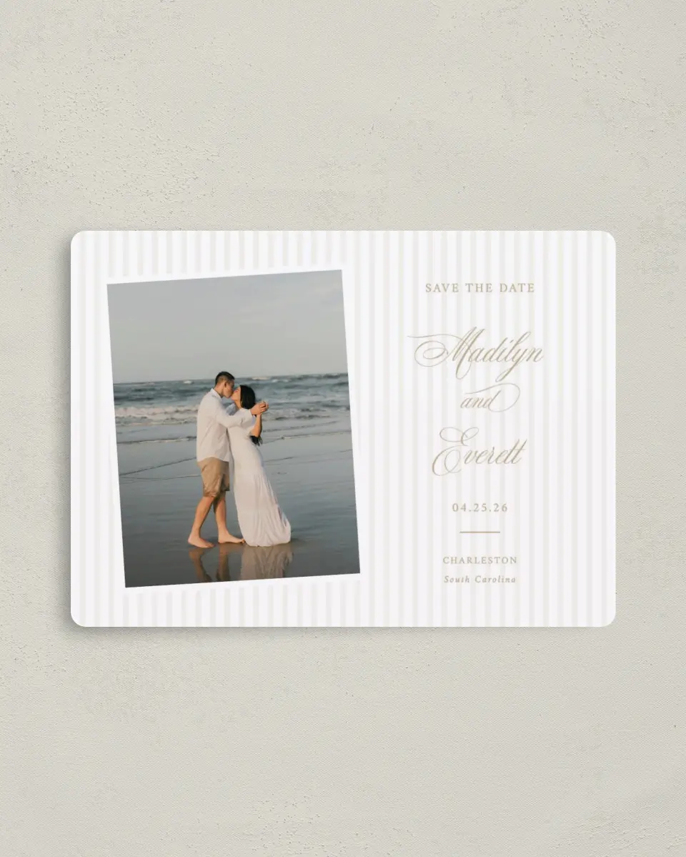 This is a 4" x 5½" Save the Date Magnet called Elegant Shell printed in full color with Rose Gold foil and a Luxe Satin finish