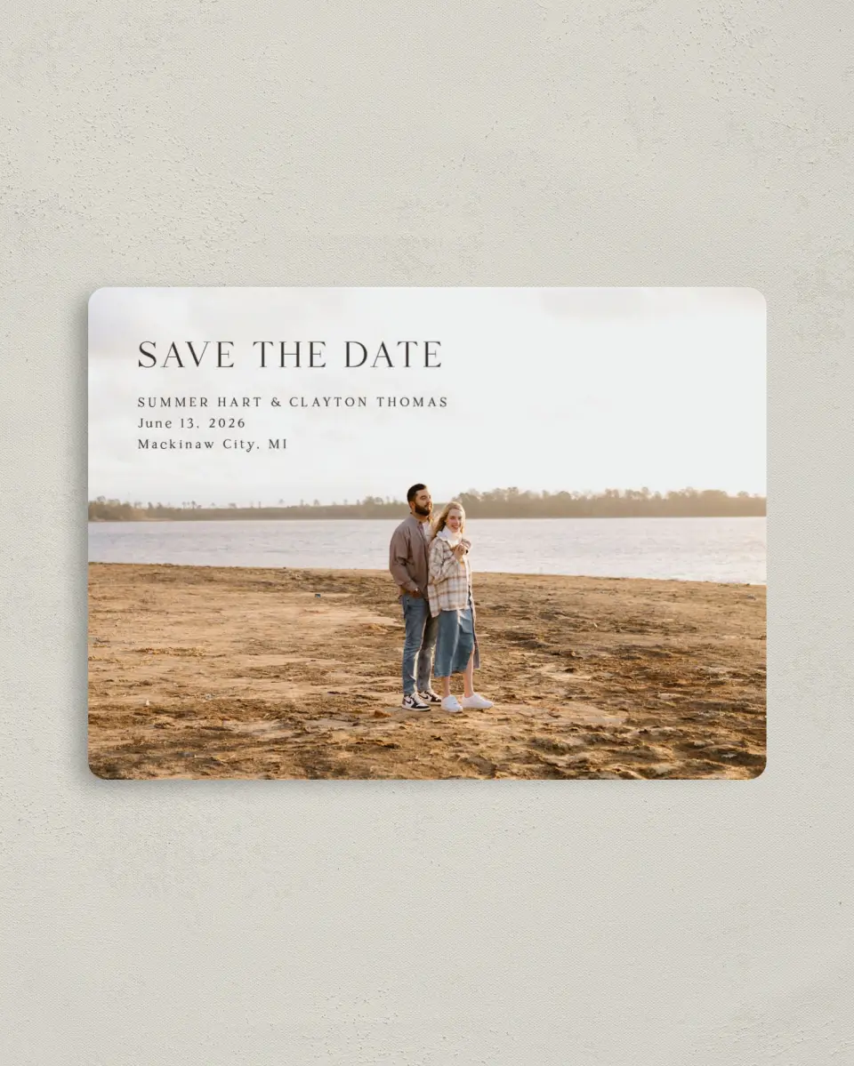 This is a 4" x 5½" Save the Date Magnet called Beacon of Love printed in full color with Silver foil and a Luxe Satin finish