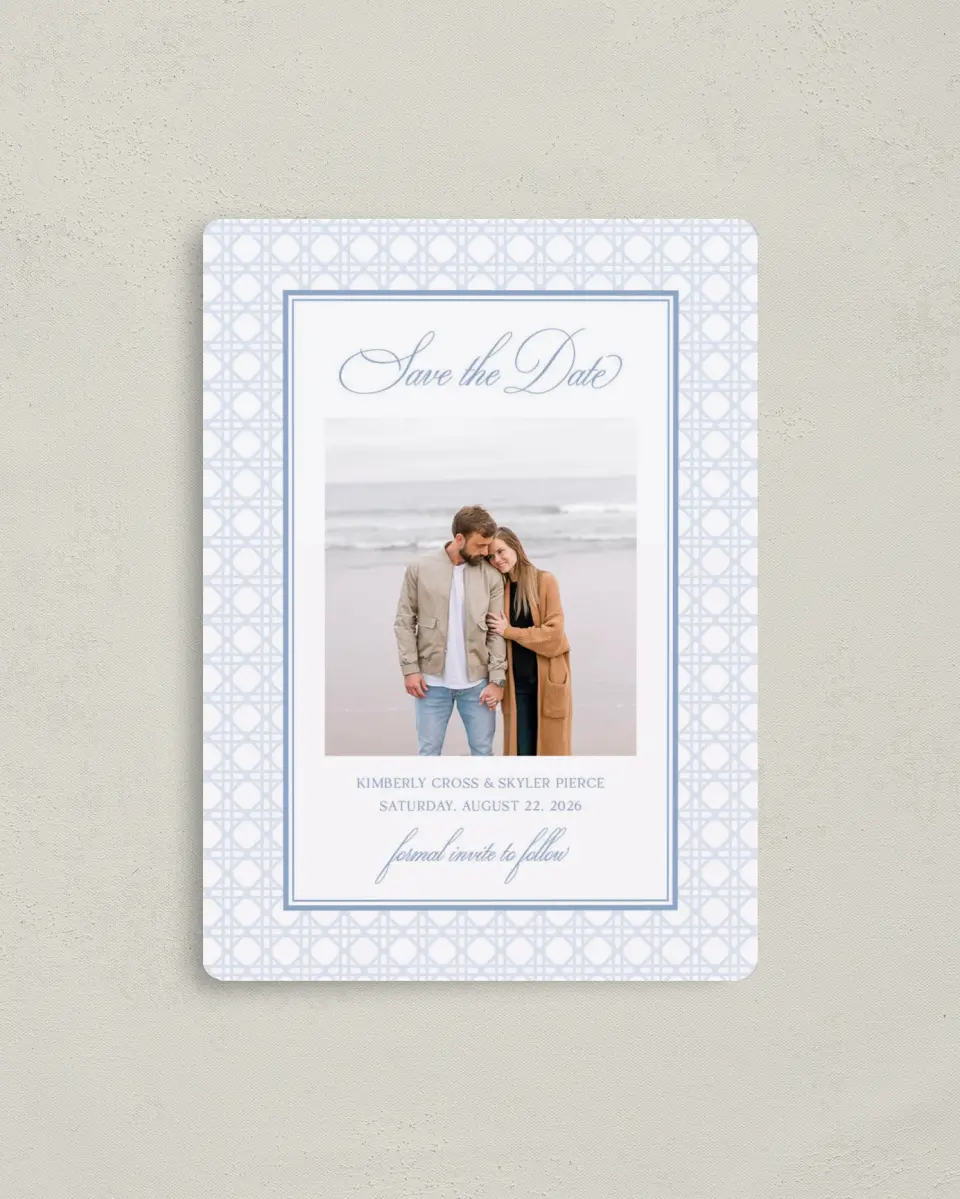 This is a 4" x 5½" Save the Date Magnet called Woven Serenity printed in full color with Silver foil and a Luxe Satin finish