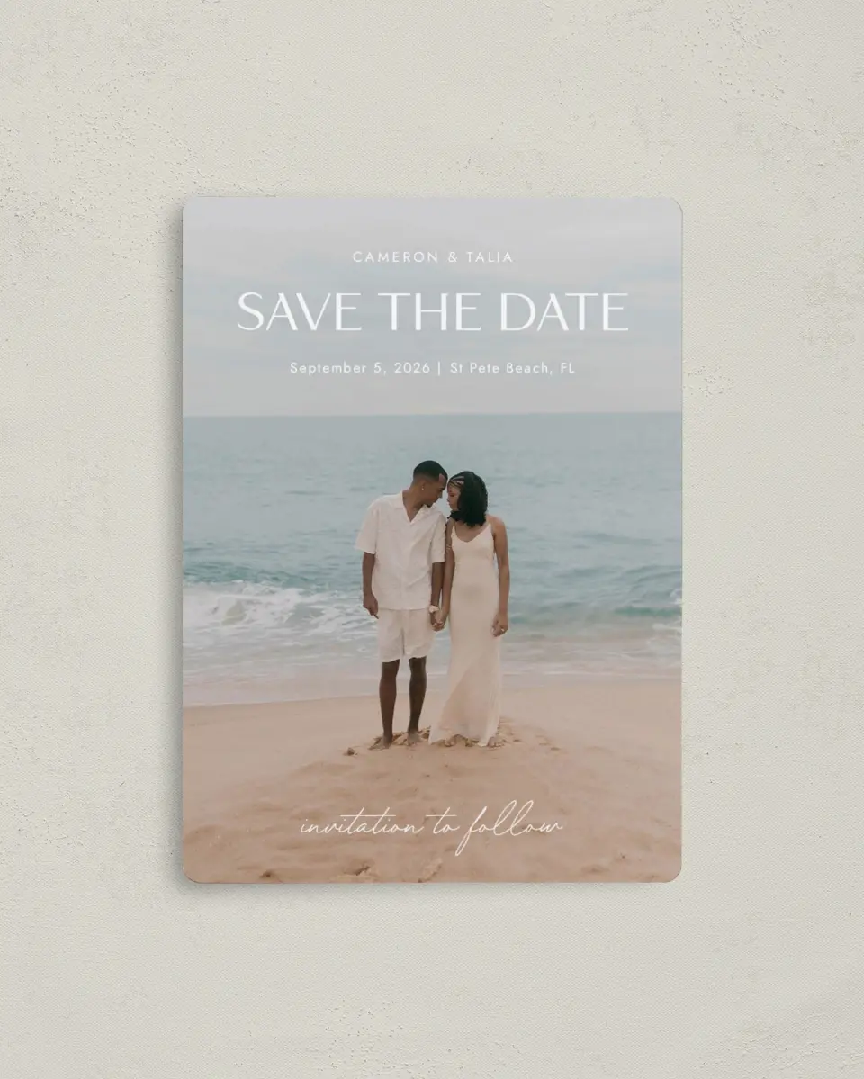 This is a 4" x 5½" Save the Date Magnet called Seaside Serenade printed in full color with a Luxe Satin finish