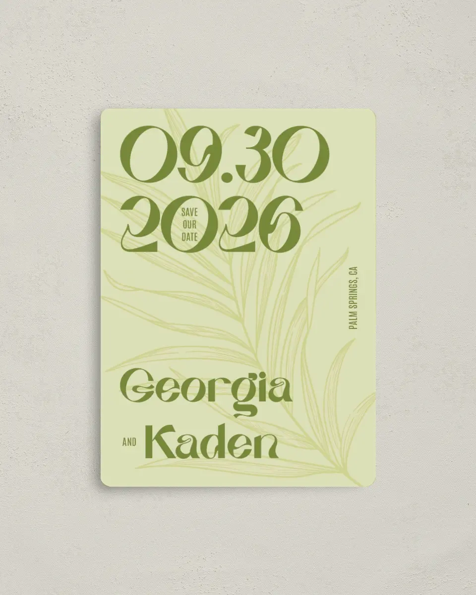 This is a 4" x 5½" Save the Date Magnet called Zephyr printed in full color with Rose Gold foil and a Luxe Satin finish