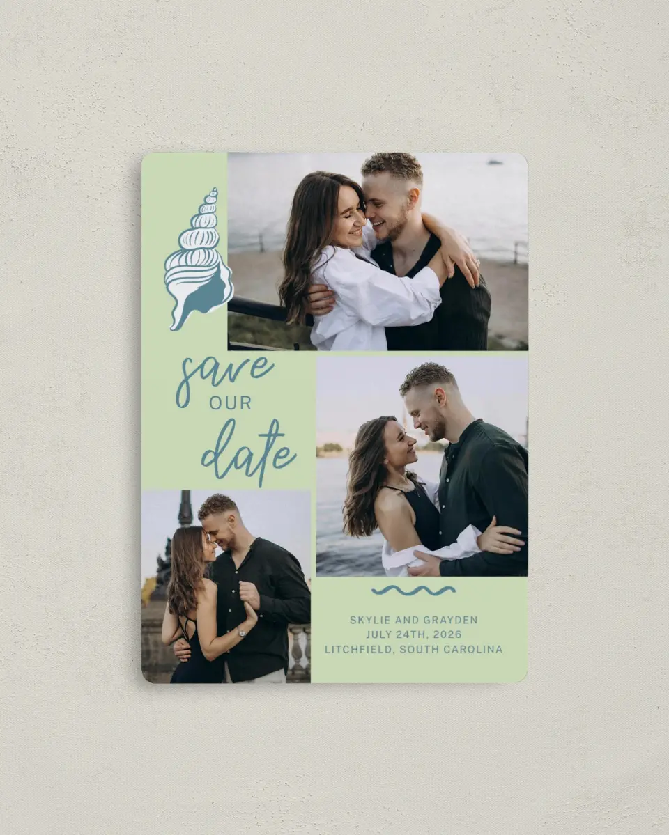 This is a 4" x 5½" Save the Date Magnet called I Hear Wedding Shells printed in full color with Gold foil and a Luxe Satin finish