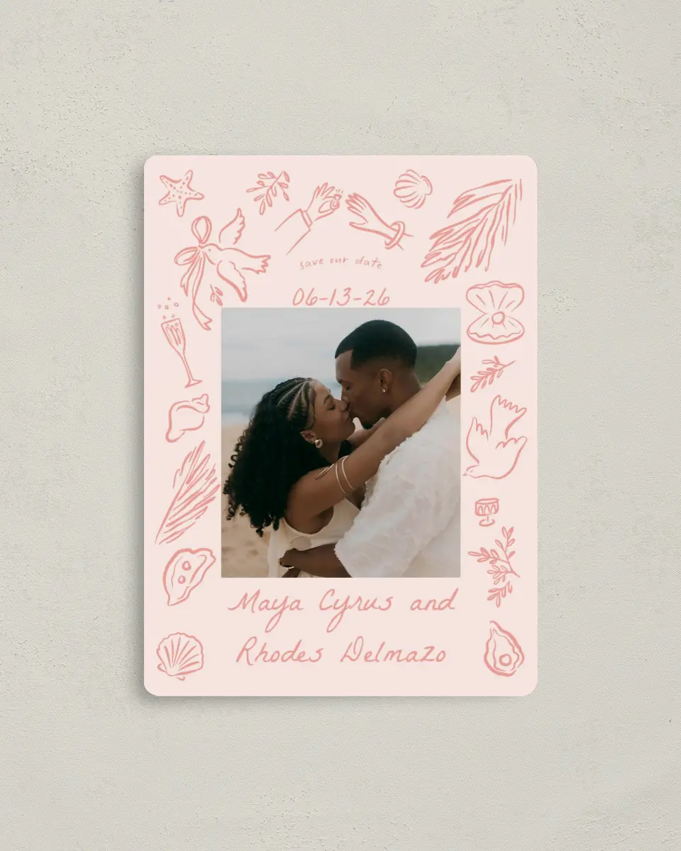 This is a 4" x 5½" Save the Date Magnet called Maritime Vows printed in full color with Rose Gold foil and a Luxe Satin finish