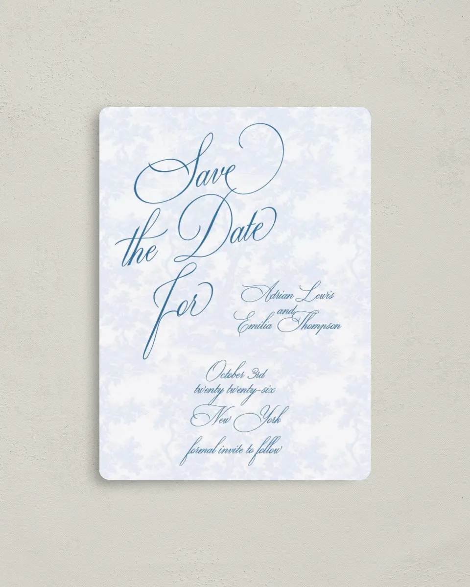 This is a 4" x 5½" Save the Date Magnet called Blue Toile Romance printed in full color with a Luxe Satin finish