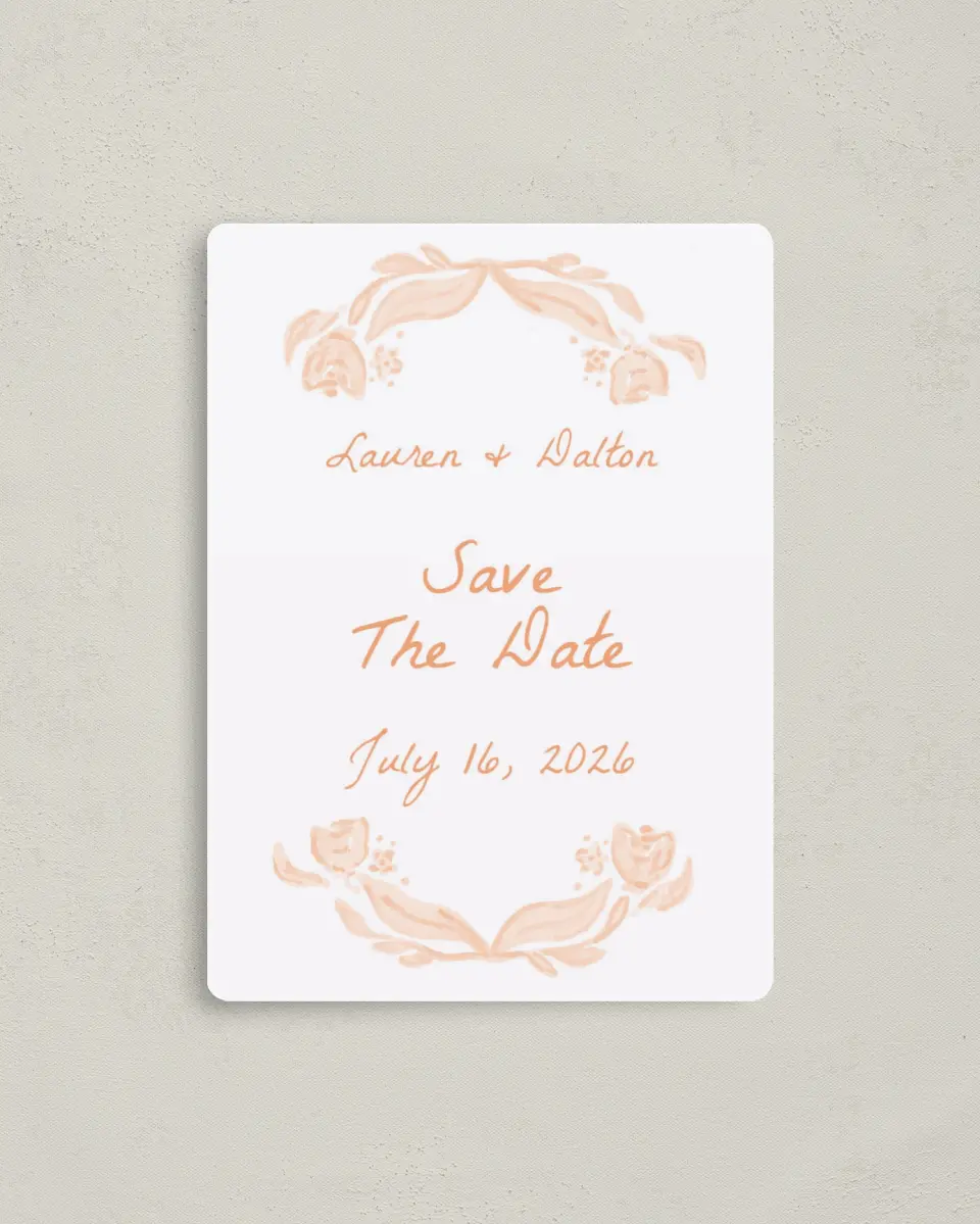 This is a 4" x 5½" Save the Date Magnet called Ever After Blooms printed in full color with a Luxe Satin finish