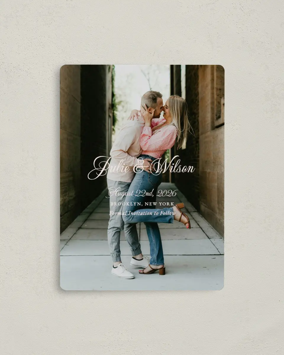 This is a 4" x 5½" Save the Date Magnet called Patterned Love printed in full color with a Luxe Satin finish