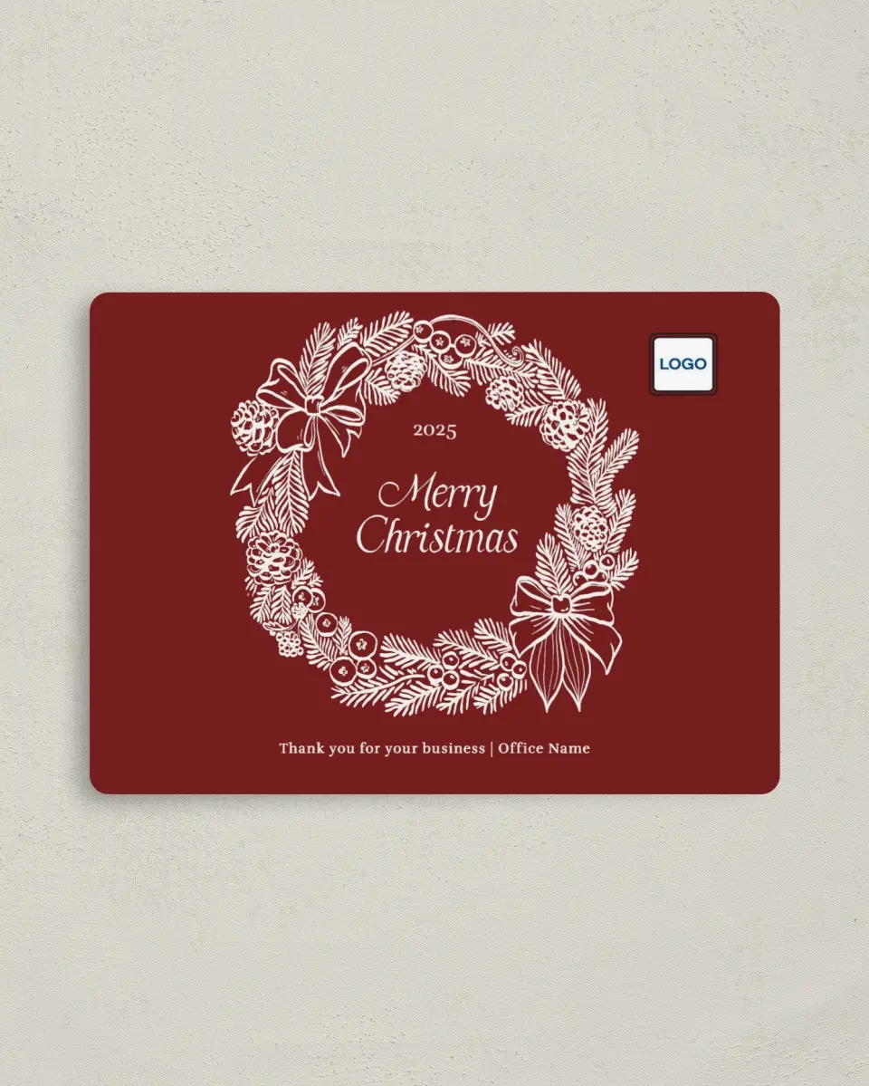 This is a 4" x 5½" Christmas Card called Wreath Tidings printed in full color with a Luxe Satin finish