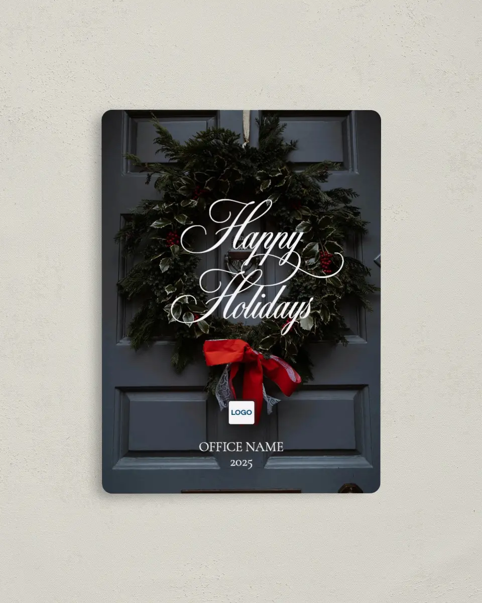 This is a 4" x 5½" Christmas Card called Festive Wreath printed in full color with a Luxe Satin finish