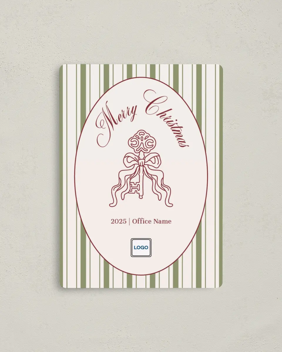 This is a 4" x 5½" Christmas Card called Key to Christmas printed in full color with Gold foil and a Luxe Satin finish