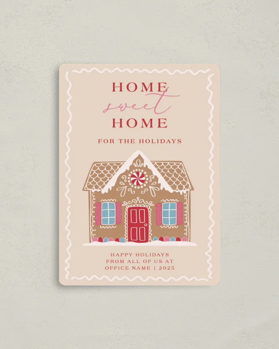 This is a 4" x 5½" Christmas Card called Home Sweet Gingerhome printed in full color with a Luxe Satin finish