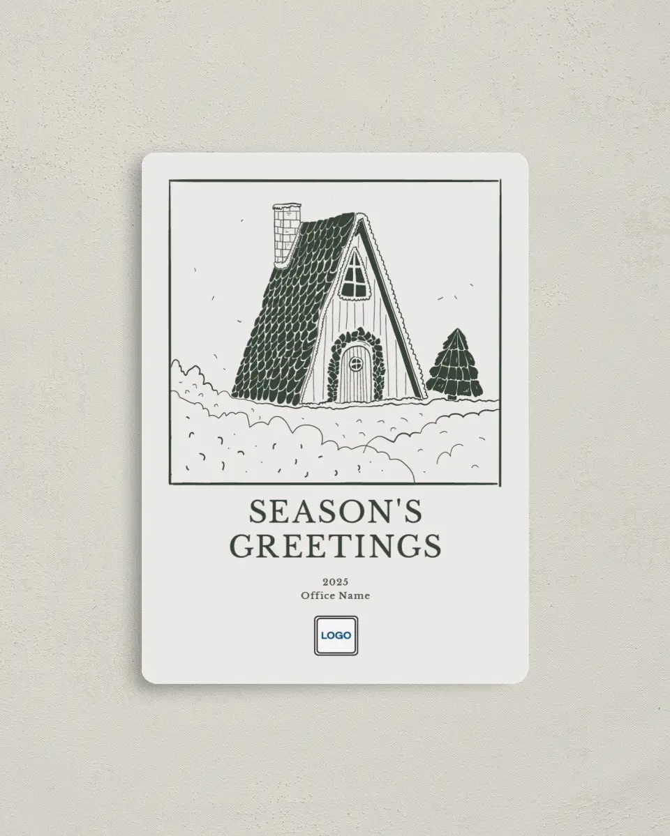 This is a 4" x 5½" Christmas Card called Cozy Snowy Cabin printed in full color with a Luxe Satin finish