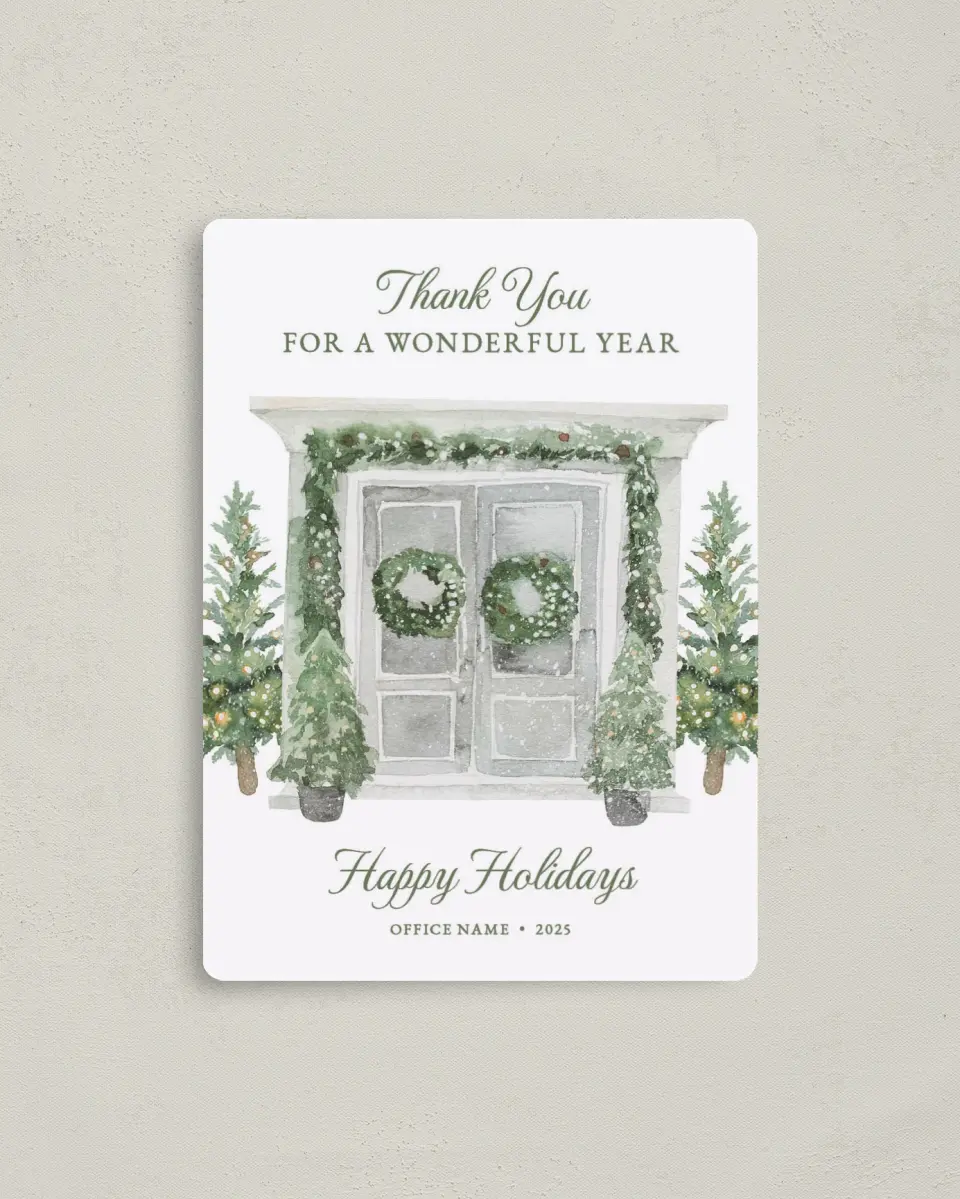 This is a 4" x 5½" Christmas Card called Snowy Home printed in full color with Gold foil and a Luxe Satin finish