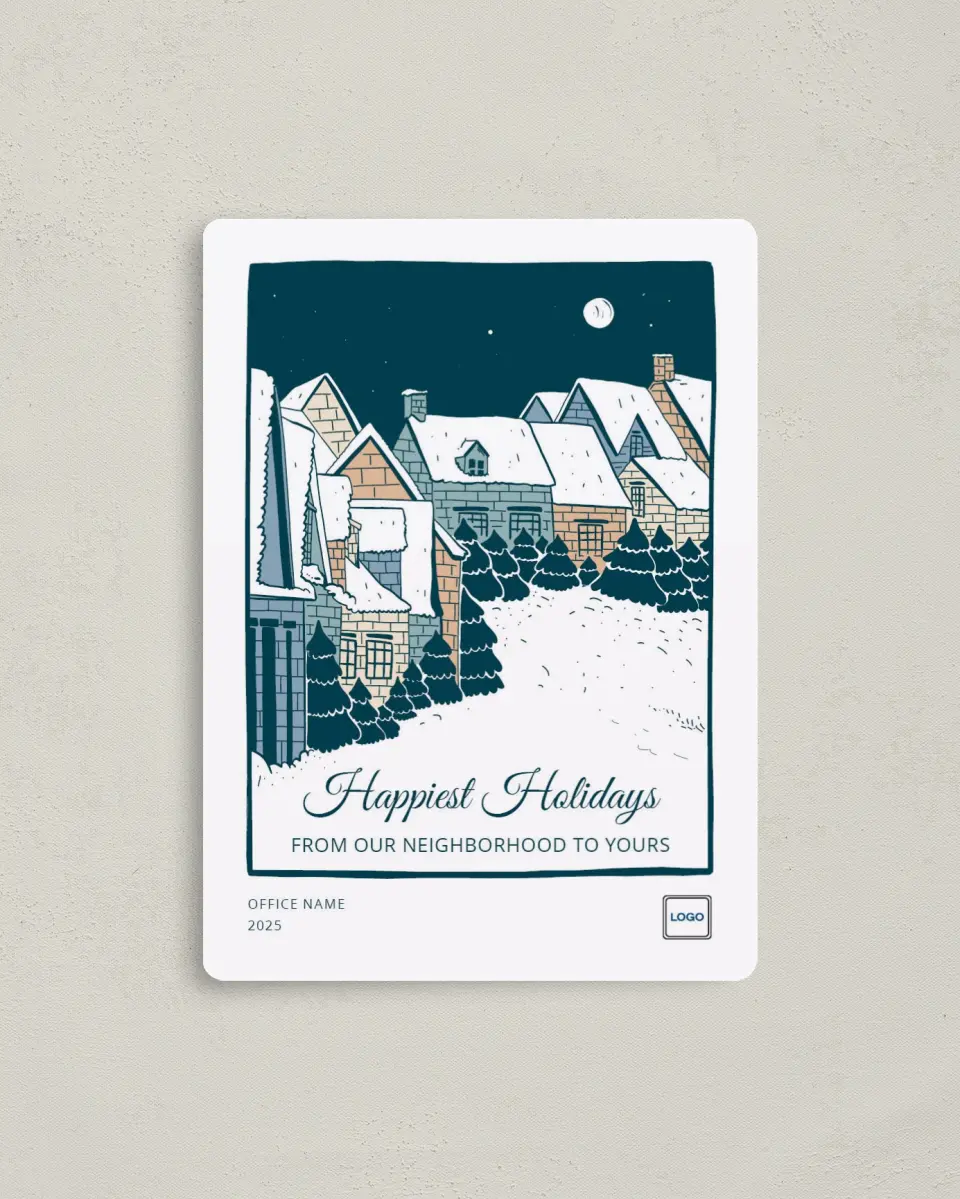 This is a 4" x 5½" Christmas Card called Snow-Covered Neighborhood printed in full color with a Luxe Satin finish