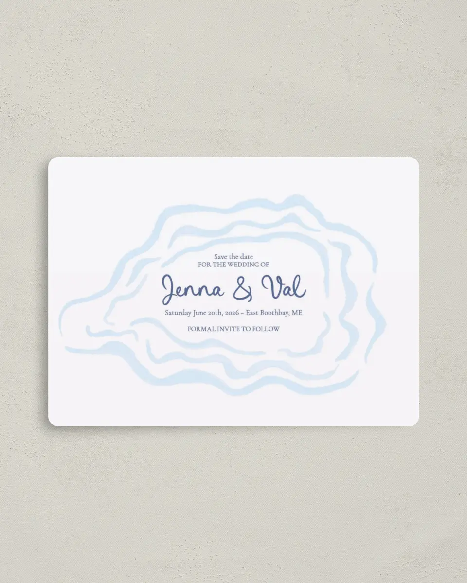This is a 4" x 5½" Save the Date Magnet called Love by the Sea printed in full color with Rose Gold foil and a Luxe Satin finish
