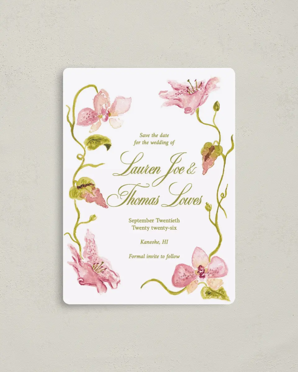 This is a 4" x 5½" Save the Date Magnet called Paradise in Bloom printed in full color with a Luxe Satin finish