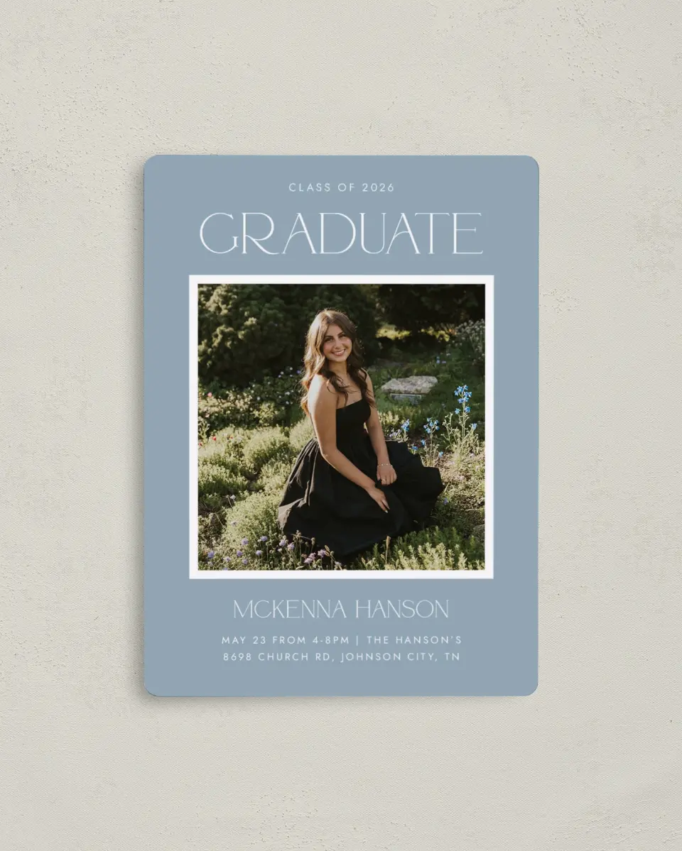 This is a 4" x 5½" Graduation Announcement Magnet called Graceful Grad printed in full color with Gold foil and a Luxe Satin finish